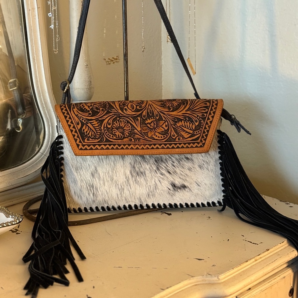 American Darling Leather and Cowhide Fringe Crossbody Bag